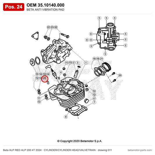 BETA ANTI VIBRATION PAD – OEM 35.10140.000, position 24 on the Beta ALP RED ALP 200 4T 2024 cylinder/cylinder head/valvetrain drawing