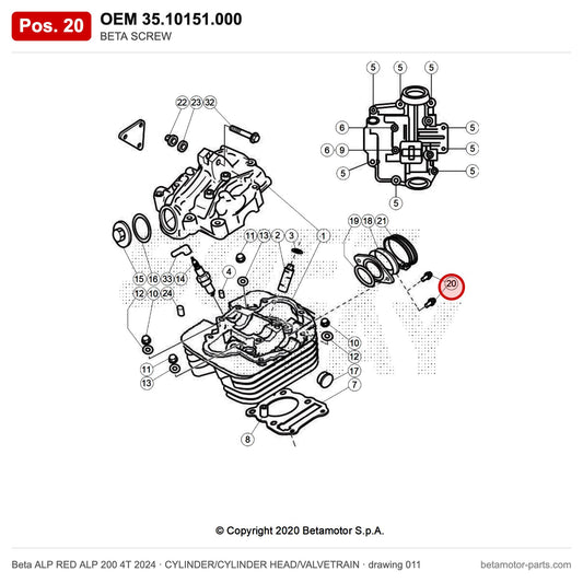 BETA SCREW – OEM 35.10151.000, position 20 on the Beta ALP RED ALP 200 4T 2024 cylinder/cylinder head/valvetrain drawing