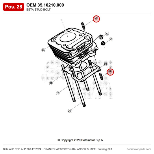 BETA STUD BOLT – OEM 35.10210.000, position 28 on the Beta ALP RED ALP 200 4T 2024 crankshaft/piston/balancer shaft drawing