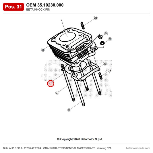 BETA KNOCK PIN – OEM 35.10230.000, position 31 on the Beta ALP RED ALP 200 4T 2024 crankshaft/piston/balancer shaft drawing