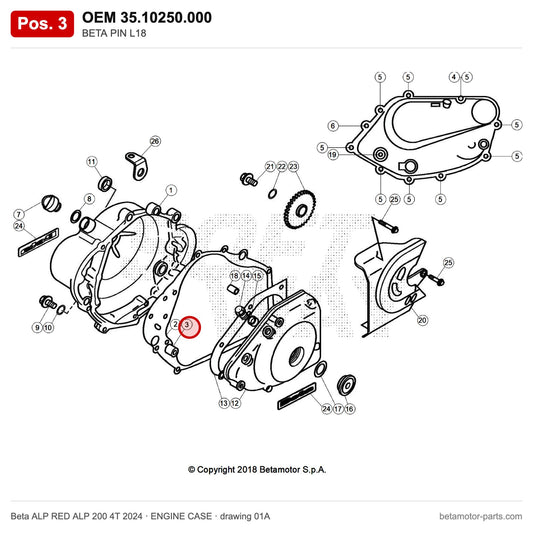 BETA PIN L18 – OEM 35.10250.000, position 3 on the Beta ALP RED ALP 200 4T 2024 engine case drawing