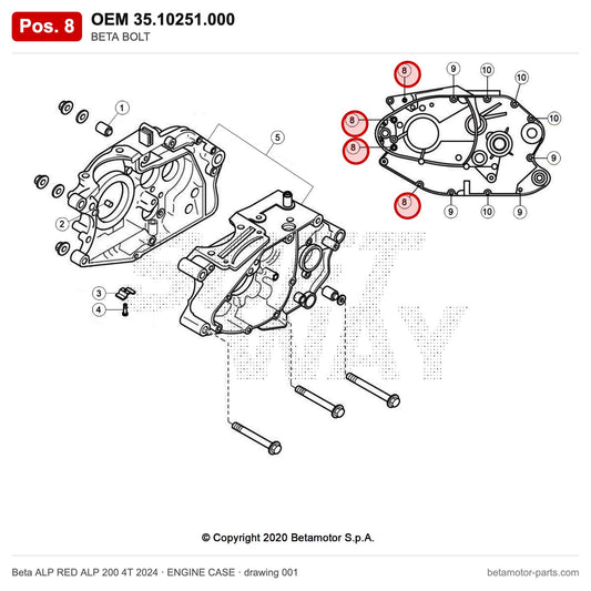 BETA BOLT – OEM 35.10251.000, position 8 on the Beta ALP RED ALP 200 4T 2024 engine case drawing