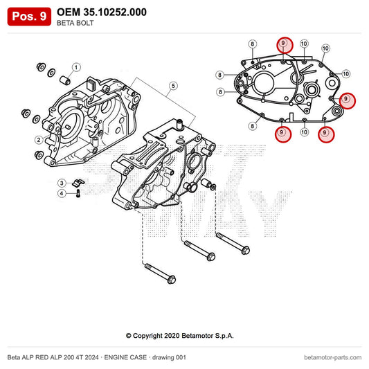 BETA BOLT – OEM 35.10252.000, position 9 on the Beta ALP RED ALP 200 4T 2024 engine case drawing