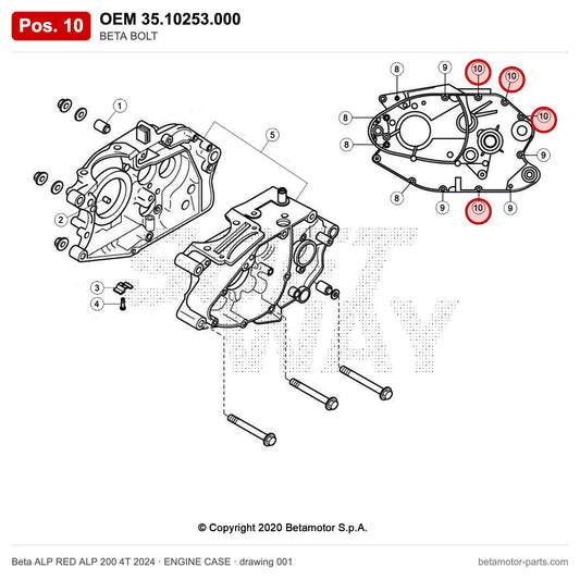 BETA BOLT – OEM 35.10253.000, position 10 on the Beta ALP RED ALP 200 4T 2024 engine case drawing