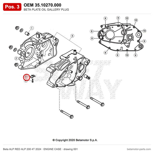 BETA PLATE OIL GALLERY PLUG – OEM 35.10270.000, position 3 on the Beta ALP RED ALP 200 4T 2024 engine case drawing