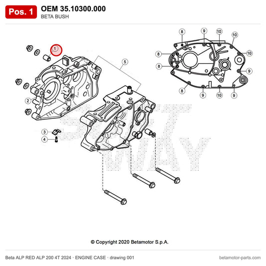 BETA BUSH – OEM 35.10300.000, position 1 on the Beta ALP RED ALP 200 4T 2024 engine case drawing