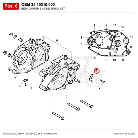 BETA LIMITER ENGINE SPROCKET – OEM 35.10310.000, position 6 on the Beta ALP 200 MY07 engine case drawing