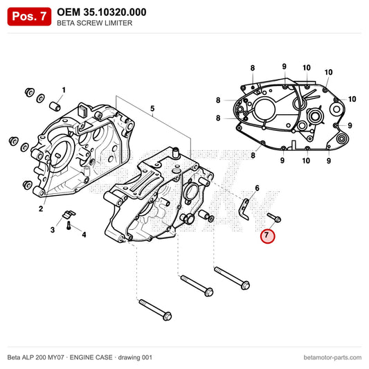 BETA SCREW LIMITER – OEM 35.10320.000, position 7 on the Beta ALP 200 MY07 engine case drawing