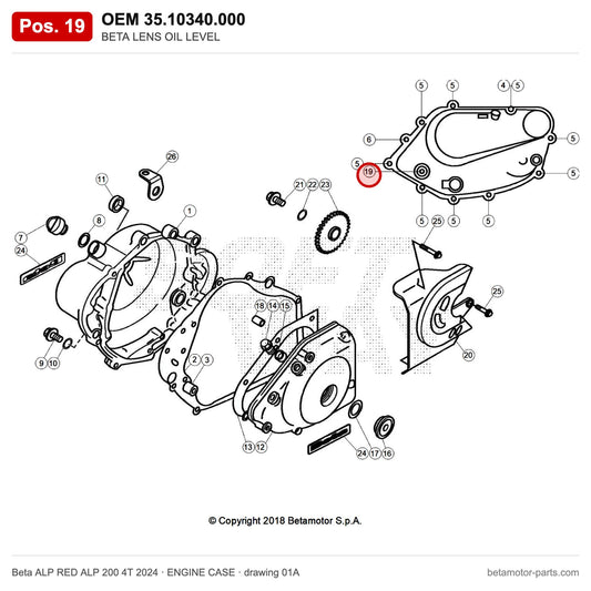 BETA LENS OIL LEVEL – OEM 35.10340.000, position 19 on the Beta ALP RED ALP 200 4T 2024 engine case drawing