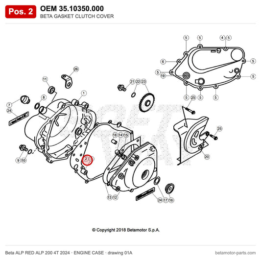 BETA GASKET CLUTCH COVER – OEM 35.10350.000, position 2 on the Beta ALP RED ALP 200 4T 2024 engine case drawing
