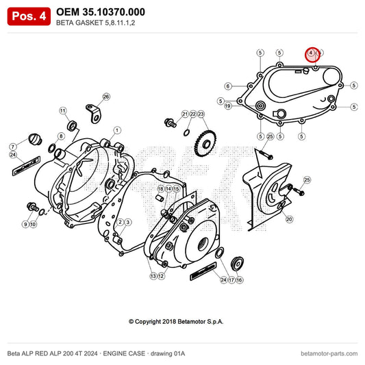 BETA GASKET 5,8.11.1,2 – OEM 35.10370.000, position 4 on the Beta ALP RED ALP 200 4T 2024 engine case drawing