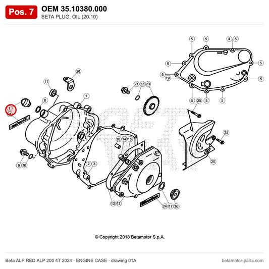 BETA PLUG, OIL (20.10) – OEM 35.10380.000, position 7 on the Beta ALP RED ALP 200 4T 2024 engine case drawing