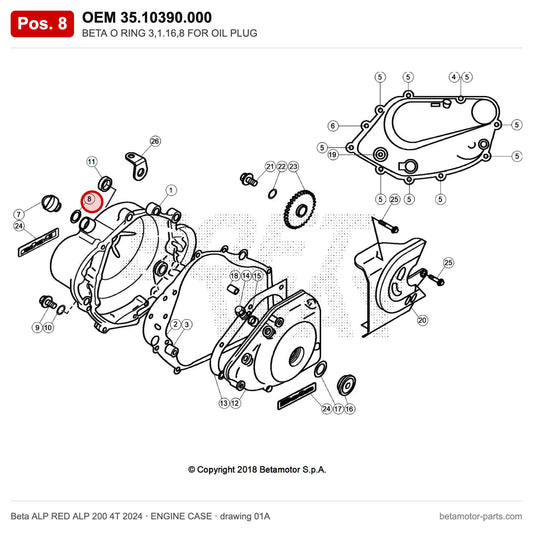 BETA O RING 3,1.16,8 FOR OIL PLUG – OEM 35.10390.000, position 8 on the Beta ALP RED ALP 200 4T 2024 engine case drawing