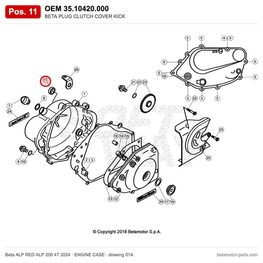 BETA PLUG CLUTCH COVER KICK – OEM 35.10420.000, position 11 on the Beta ALP RED ALP 200 4T 2024 engine case drawing