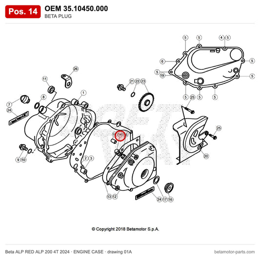 BETA PLUG – OEM 35.10450.000, position 14 on the Beta ALP RED ALP 200 4T 2024 engine case drawing
