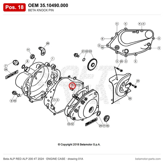 BETA KNOCK PIN – OEM 35.10490.000, position 18 on the Beta ALP RED ALP 200 4T 2024 engine case drawing