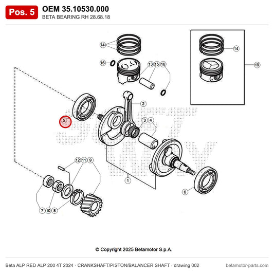 BETA BEARING RH 28.68.18 – OEM 35.10530.000, position 5 on the Beta ALP RED ALP 200 4T 2024 crankshaft/piston/balancer shaft drawing