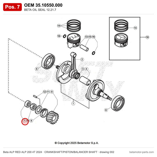 BETA OIL SEAL 12.21.7 – OEM 35.10550.000, position 7 on the Beta ALP RED ALP 200 4T 2024 crankshaft/piston/balancer shaft drawing