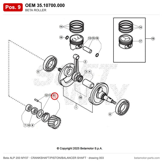 BETA ROLLER – OEM 35.10700.000, position 9 on the Beta ALP 200 MY07 crankshaft/piston/balancer shaft drawing