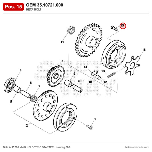 BETA BOLT – OEM 35.10721.000, position 15 on the Beta ALP 200 MY07 elettricstarter drawing