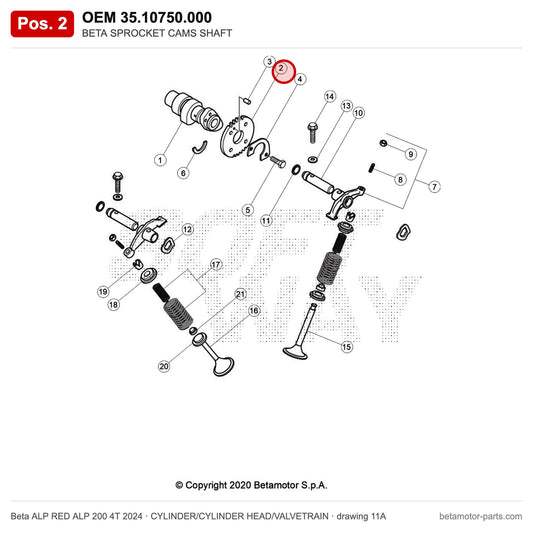 BETA SPROCKET CAMS SHAFT – OEM 35.10750.000, position 2 on the Beta ALP RED ALP 200 4T 2024 cylinder/cylinder head/valvetrain drawing