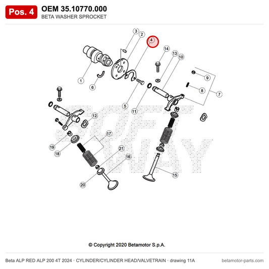 BETA WASHER SPROCKET – OEM 35.10770.000, position 4 on the Beta ALP RED ALP 200 4T 2024 cylinder/cylinder head/valvetrain drawing