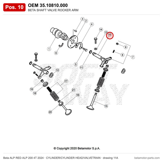 BETA SHAFT VALVE ROCKER ARM – OEM 35.10810.000, position 10 on the Beta ALP RED ALP 200 4T 2024 cylinder/cylinder head/valvetrain drawing