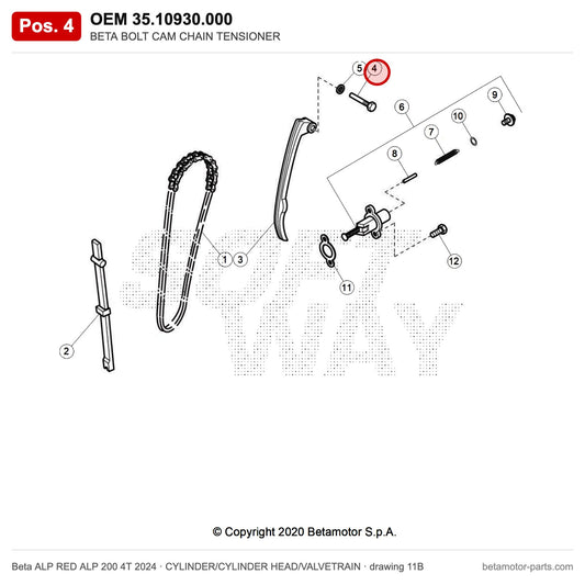 BETA BOLT CAM CHAIN TENSIONER – OEM 35.10930.000, position 4 on the Beta ALP RED ALP 200 4T 2024 cylinder/cylinder head/valvetrain drawing