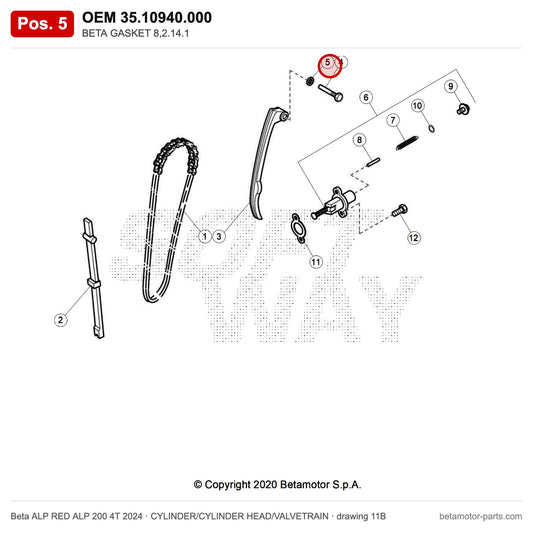 BETA GASKET 8,2.14.1 – OEM 35.10940.000, position 5 on the Beta ALP RED ALP 200 4T 2024 cylinder/cylinder head/valvetrain drawing