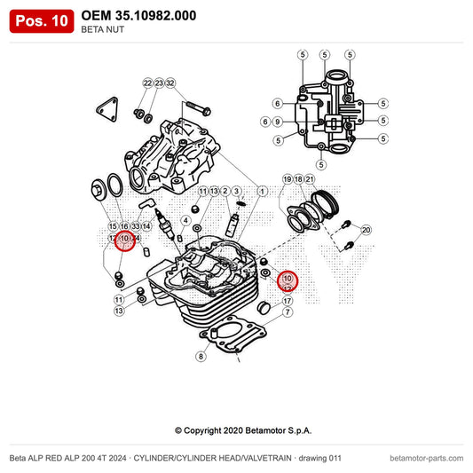 BETA NUT – OEM 35.10982.000, position 10 on the Beta ALP RED ALP 200 4T 2024 cylinder/cylinder head/valvetrain drawing