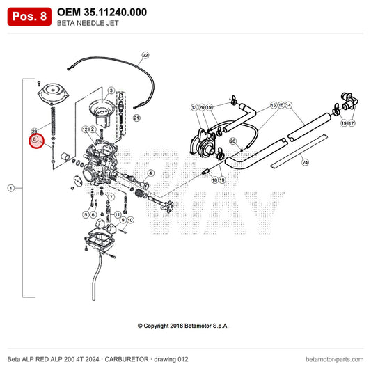 BETA NEEDLE JET – OEM 35.11240.000, position 8 on the Beta ALP RED ALP 200 4T 2024 carburetor drawing