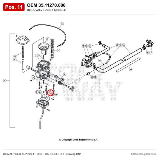 BETA VALVE ASSY NEEDLE – OEM 35.11270.000, position 11 on the Beta ALP RED ALP 200 4T 2024 carburetor drawing