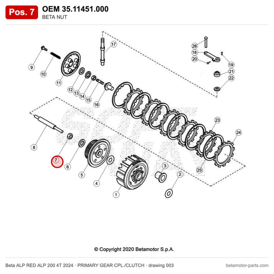 BETA NUT – OEM 35.11451.000, position 7 on the Beta ALP RED ALP 200 4T 2024 primary gear cpl./clutch drawing