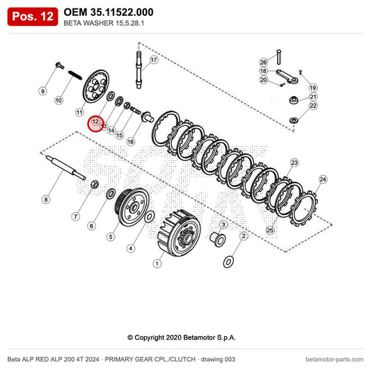 BETA WASHER 15,5.28.1 – OEM 35.11522.000, position 12 on the Beta ALP RED ALP 200 4T 2024 primary gear cpl./clutch drawing