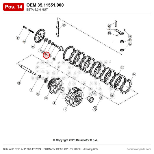 BETA 6.3,6 NUT – OEM 35.11551.000, position 14 on the Beta ALP RED ALP 200 4T 2024 primary gear cpl./clutch drawing