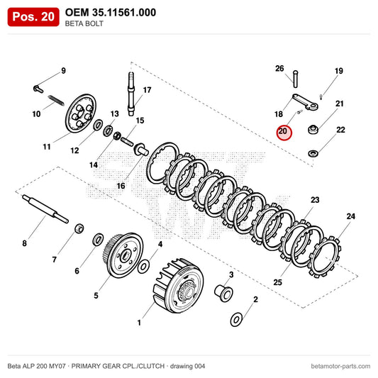 BETA BOLT – OEM 35.11561.000, position 20 on the Beta ALP 200 MY07 primary gear cpl./clutch drawing