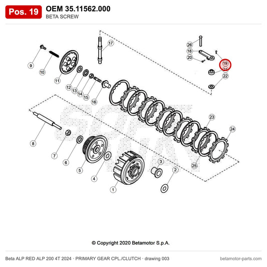 BETA SCREW – OEM 35.11562.000, position 19 on the Beta ALP RED ALP 200 4T 2024 primary gear cpl./clutch drawing