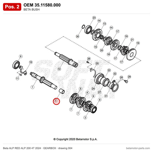 BETA BUSH – OEM 35.11580.000, position 2 on the Beta ALP RED ALP 200 4T 2024 gearbox drawing