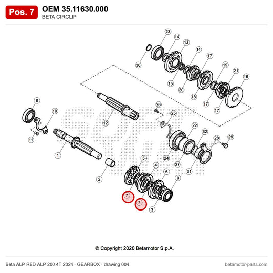 BETA CIRCLIP – OEM 35.11630.000, position 7 on the Beta ALP RED ALP 200 4T 2024 gearbox drawing