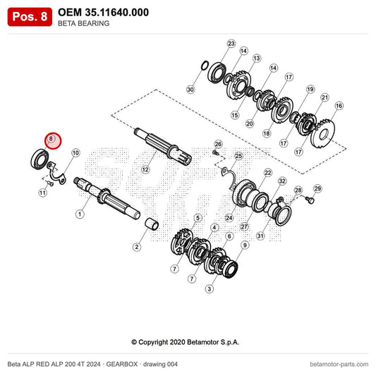 BETA BEARING – OEM 35.11640.000, position 8 on the Beta ALP RED ALP 200 4T 2024 gearbox drawing