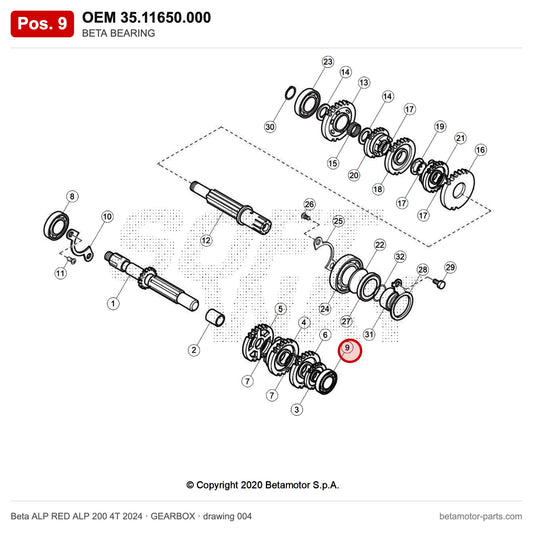 BETA BEARING – OEM 35.11650.000, position 9 on the Beta ALP RED ALP 200 4T 2024 gearbox drawing
