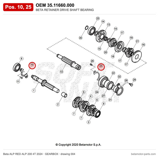 BETA RETAINER DRIVE SHAFT BEARING – OEM 35.11660.000, positions 10,25 on the Beta ALP RED ALP 200 4T 2024 gearbox drawing