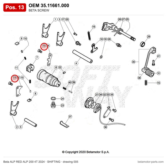 BETA SCREW – OEM 35.11661.000, position 13 on the Beta ALP RED ALP 200 4T 2024 shifting drawing