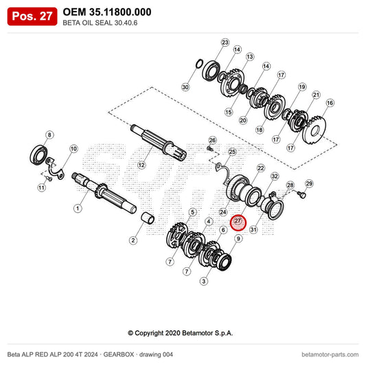 BETA OIL SEAL 30.40.6 – OEM 35.11800.000, position 27 on the Beta ALP RED ALP 200 4T 2024 gearbox drawing