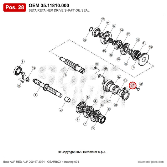 BETA RETAINER DRIVE SHAFT OIL SEAL – OEM 35.11810.000, position 28 on the Beta ALP RED ALP 200 4T 2024 gearbox drawing