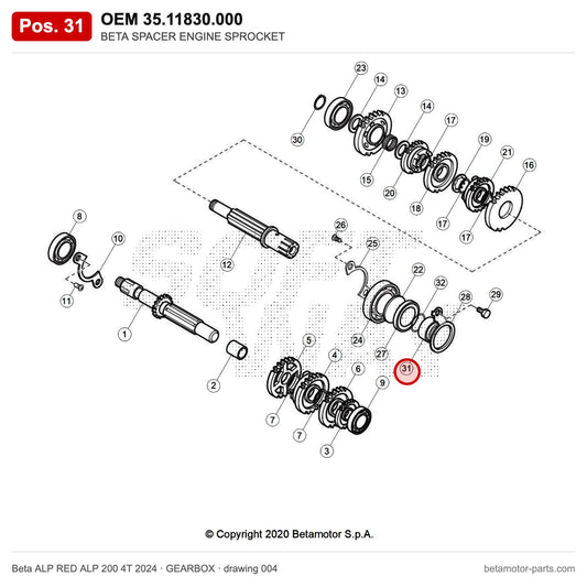 BETA SPACER ENGINE SPROCKET – OEM 35.11830.000, position 31 on the Beta ALP RED ALP 200 4T 2024 gearbox drawing