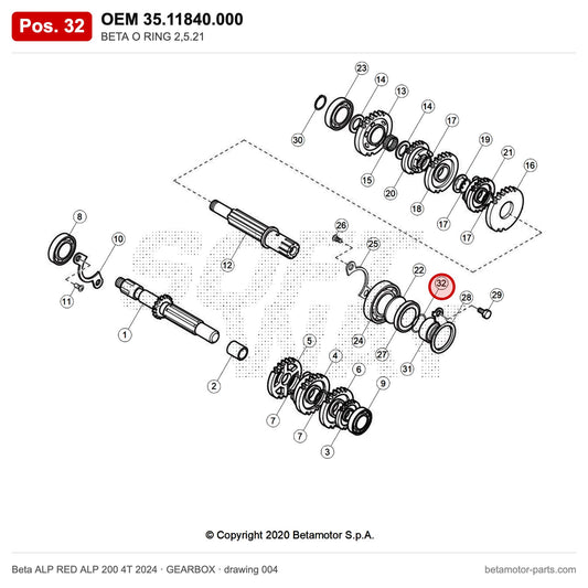 BETA O RING 2,5.21 – OEM 35.11840.000, position 32 on the Beta ALP RED ALP 200 4T 2024 gearbox drawing