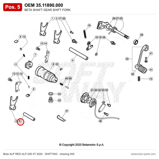 BETA SHAFT GEAR SHIFT FORK – OEM 35.11890.000, position 5 on the Beta ALP RED ALP 200 4T 2024 shifting drawing