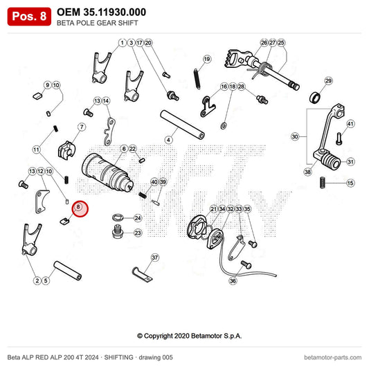 BETA POLE GEAR SHIFT – OEM 35.11930.000, position 8 on the Beta ALP RED ALP 200 4T 2024 shifting drawing