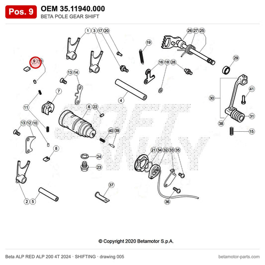 BETA POLE GEAR SHIFT – OEM 35.11940.000, position 9 on the Beta ALP RED ALP 200 4T 2024 shifting drawing